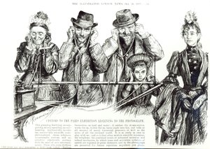 Zwiedzający Wystawę Paryską słuchający fonografu, z "The Illustrated London News", 26 października 1889 (zdjęcie b w)